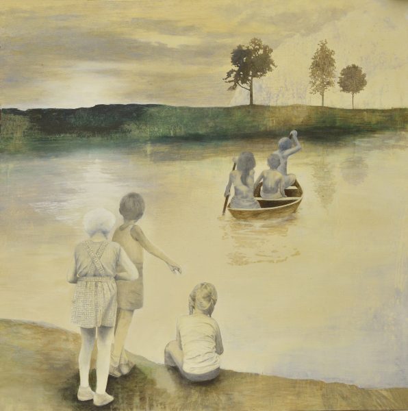 Barnen och framtiden Tempera/blyerts på duk 125x125 cm Inköpt av Borås konstmuseum 2015
